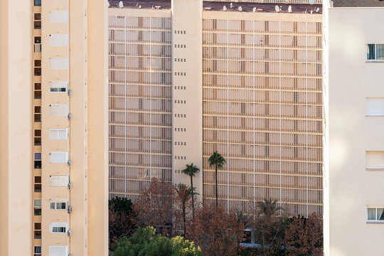 Daylight view of apartments facade with residential architecture windows pattern and palm detail in Benidorm Spain showing modern urban texture