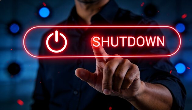 Person's finger points directly at a glowing red digital button that clearly displays "shutdown" with a power icon, signifying an end or system halt.