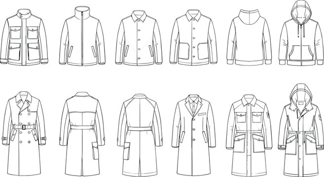 Large set of black and white flat sketch vector illustrations featuring men coats jackets parkas and hoodies for fashion design isolated on white
