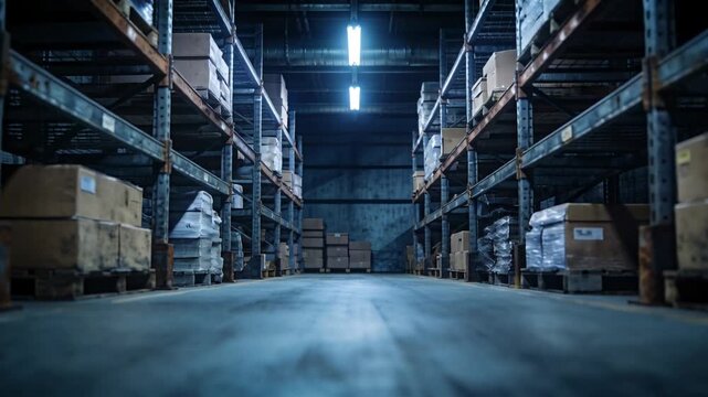 Dolly starting, camera gliding down warehouse aisle, showing metal shelving and stacked pallets