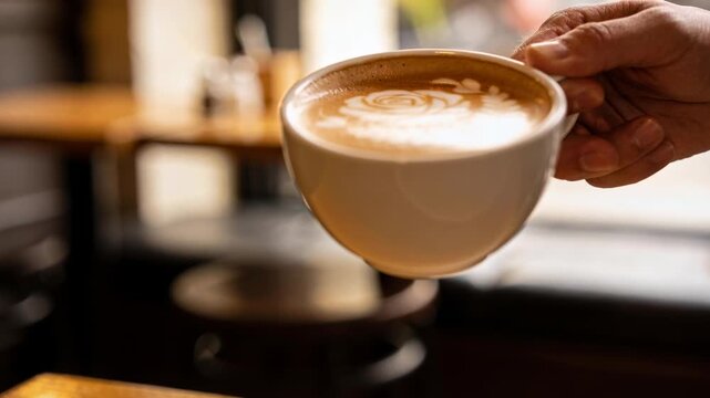 Presenting adult hand guiding white ceramic latte cup downward at cafe, showing rosette latte art
