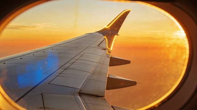 Camera framing plane wing from seat while sun nearing window rim, lighting winglet with blue glint