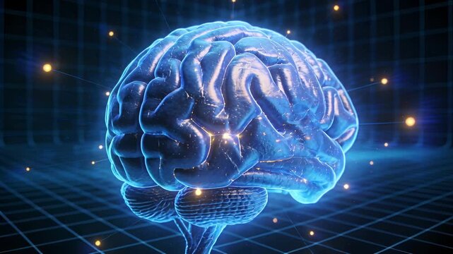 Rotating 3D brain starting left over lit grid, showing cerebellum, brainstem and neural signals
