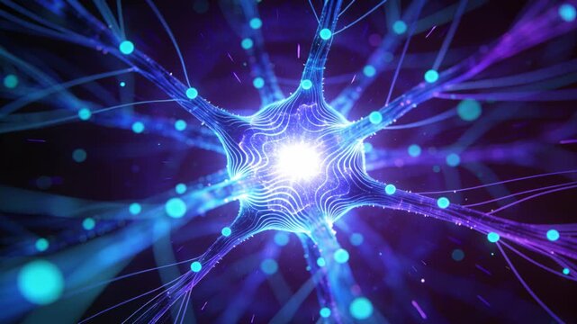 Brightening star core pulsing and emitting filaments with cyan nodes in dark gradient field