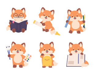 Fototapeta premium Back to school animals characters. Funny cartoon fox with stationery, book, lunch box. Cute animal flying on crayon, reading and painting, vector set