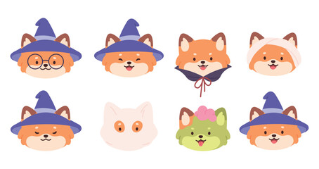 Fototapeta premium Funny fox characters avatars. Foxes naughty faces, in witch hat, zombie, mummy. Adorable wild animal characters, Halloween, vector clipart