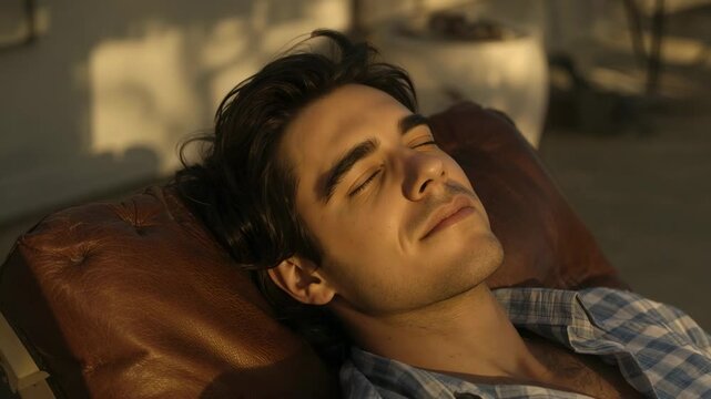 Warming sunlight hitting man's face, reclining man breathing on patio, wearing blue checked shirt