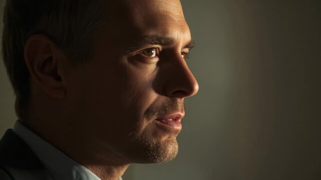 Man in suit answering offscreen question during business talk, animated waveform syncing with mouth