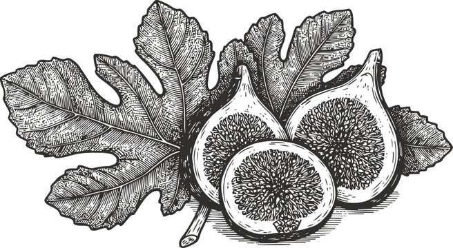 Detailed hand drawn fig fruit with sliced halves and large textured fig leaves engraving illustration