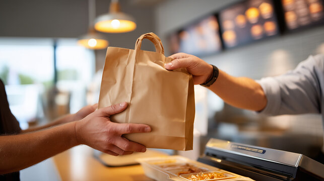 Close-up of hands passing a brown paper takeout bag across a bright clean counter from one side to the other, the bag neatly folded at the top with a receipt stapled on, a cash reg