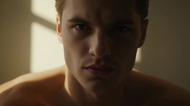 Responding to rectangular window light, shirtless man lifting head and meeting camera with gaze
