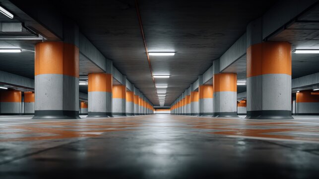 Low Angle View of a Modern, Empty Underground Parking Garage with Repeating Columns