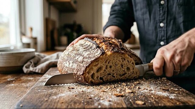 Rustic sourdough bread loaf being sliced on wooden board with serrated knife in warm kitchen baking light cozy analog living artisan crumbs scattered