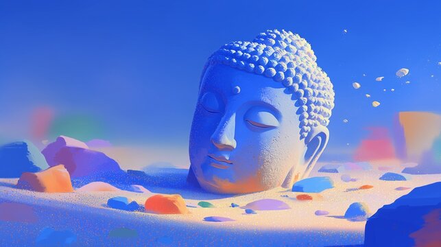 broken buddha statue head buried in sand mystical ruins minimalist scene