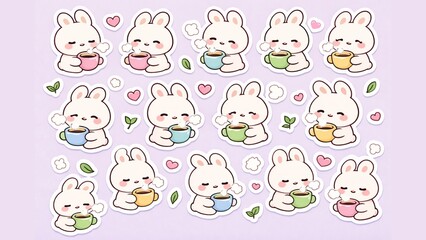 Fototapeta premium Adorable Collection of Kawaii Bunny Character Stickers Enjoying Warm Beverages and Coffee, Perfect for Digital Designs and Creative Projects