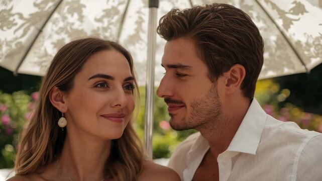 Smiling man glancing at woman, leaning under parasol in love with strapless top pendant white shirt