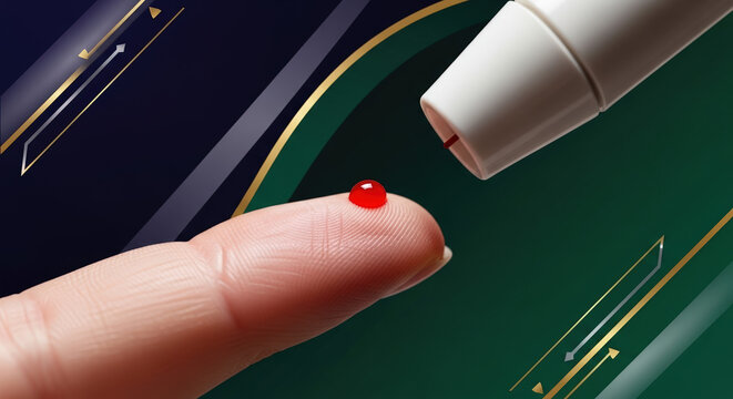 Close-up of a fingertip with a droplet of blood showing a healthcare moment against a dark background