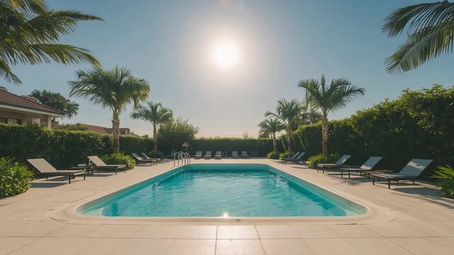 Shimmering rectangular pool reflecting bright sun at private deck, with ladder, breeze moving palms