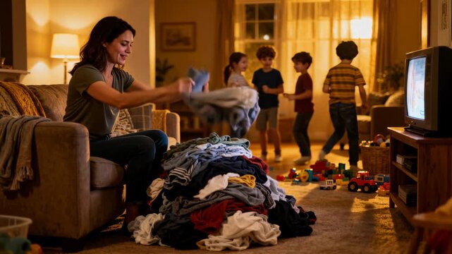 Noticing children dancing, mom in green top folding laundry, watching children at home, copy space