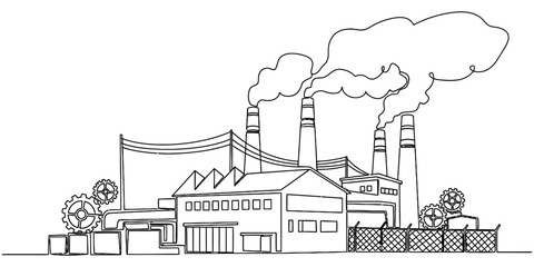 Obraz premium Continuous One Line Drawing of Industrial Factory Building with Smoke
