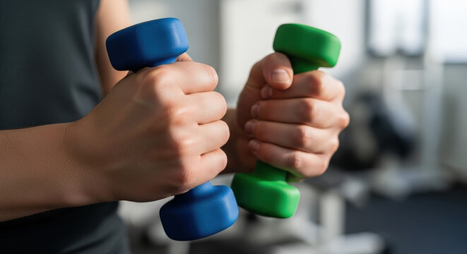 Hands holding dumbbells with a determined mood during a beginner workout in a fitness environment