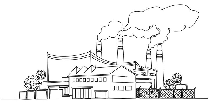 Continuous One Line Drawing of Industrial Factory Building with Smoke