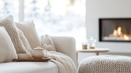 Naklejka premium Cozy living room interior with warm fireplace, comfortable sofa, and hot tea on a winter day