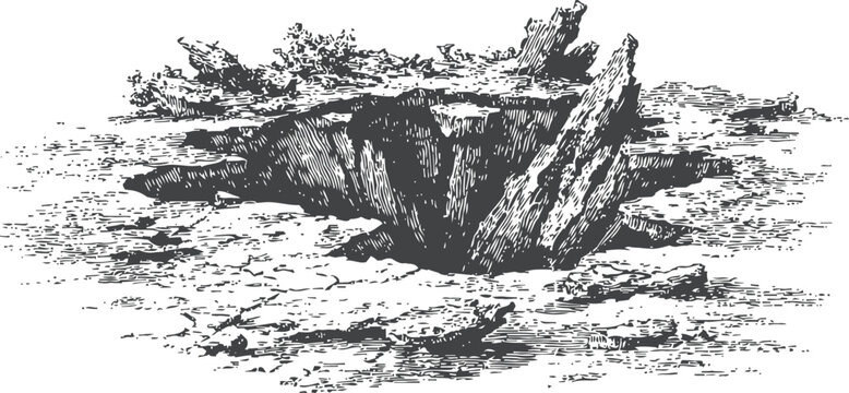 Vintage woodcut illustration of a deep rocky hole in the ground with rough terrain
