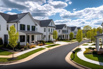 Obraz premium Modern Suburban Street View with White Farmhouse Style Homes and Blooming Trees in a New Development