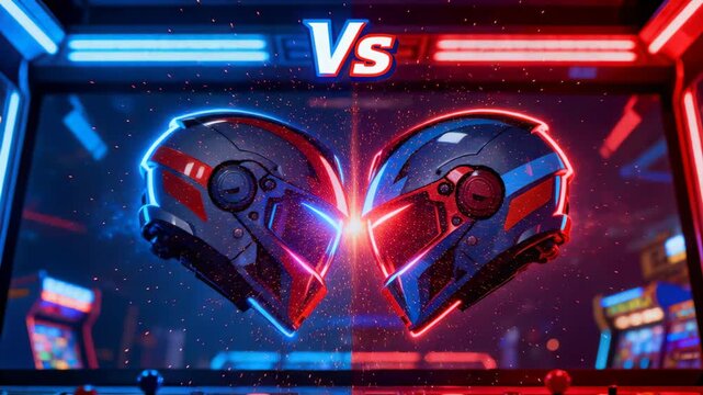 Flare forming between helmets, igniting blue red clash in neon arcade, Vs logo joysticks foreground