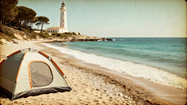 Rolling swells from wind pushing foam up pebble shore, tent sitting left, lighthouse, copy space