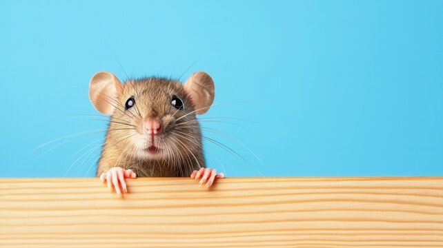 Cute rat or mouse peeking over wooden board with blue background creating copy space for text