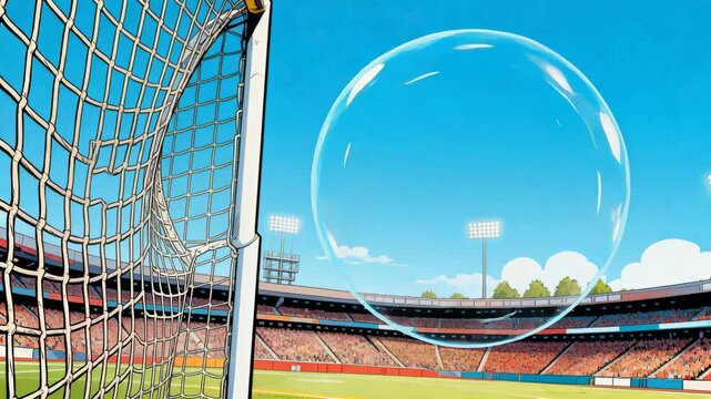 Kick launching football punching through goal net at stadium, attempting field goal, POW bubble