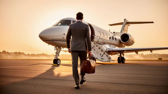 Legal expert walks briskly towards private plane during early morning hours