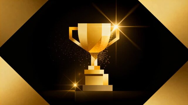 Glinting gold trophy catching moving flare on dark stage, showing hexagon frame for celebration