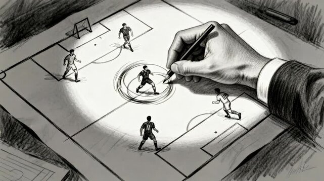 Entering right suited hand tightening pencil marking center player on pitch with rings, copy space