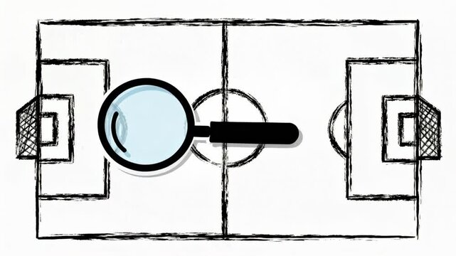 Appearing magnifying glass sliding across sketched pitch, inspecting right goal and center circle