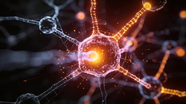 Pulsing neural soma in CGI network taking left orange pulse, sending signal to activate nodes
