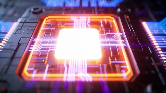Powering central chip die on power, camera zooming toward PCB, orange frame and glowing traces