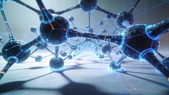 Advancing virtual camera revealing dense interconnected node network in studio, with pulsing bases