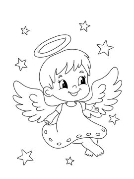 Cute Little Angel Coloring Page &ndash; Kawaii Baby Angel with Halo and Wings, Black and White Outline Illustration for Kids
