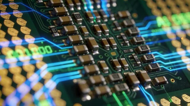 Tilting camera following neon overlays activating, focusing surface-mount cluster on green PCB