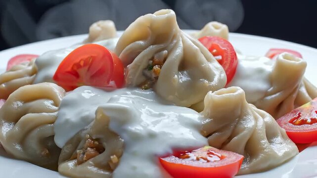 Delicious Khinkali Dumplings With Tomato and Creamy Sauce on a White Plate, Close-Up