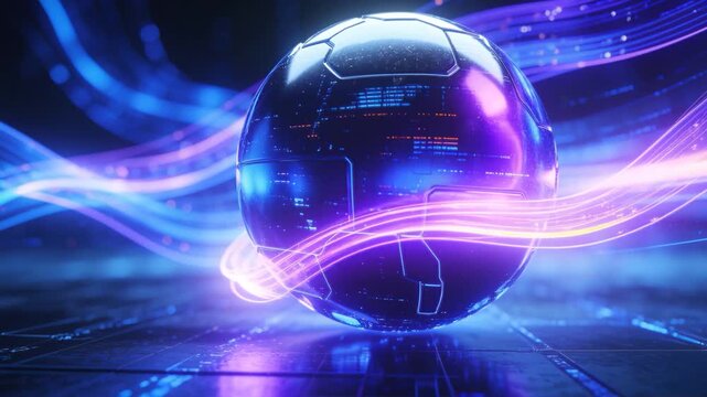 Drawing closer, neon ribbons wrapping glossy sphere on reflective tiles, activating HUD readouts
