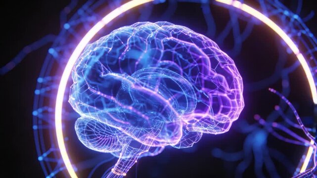 Responding to filament pulse, hologram brain rotating, brightening in neural space with light ring