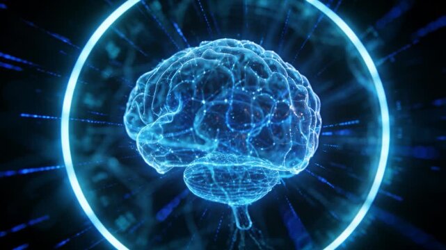 Pulsing ring driving hologram brain wireframe in dark data field nodes lighting, particle streaming