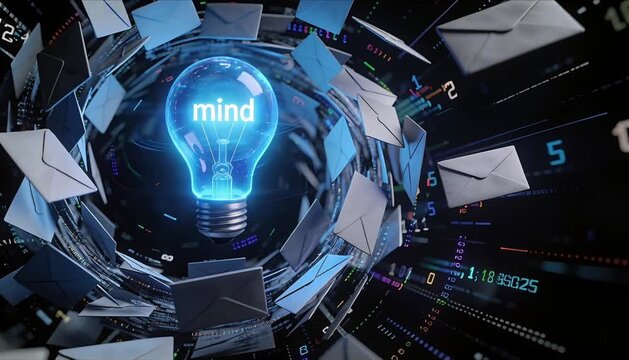 glowing blue lightbulb surrounded by chaotic whirlwind of envelopes and digital symbols for information overload and stress awareness concept