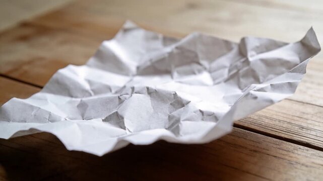 Moving camera bringing crumpled white paper closer on wooden table, showing creases with warm light