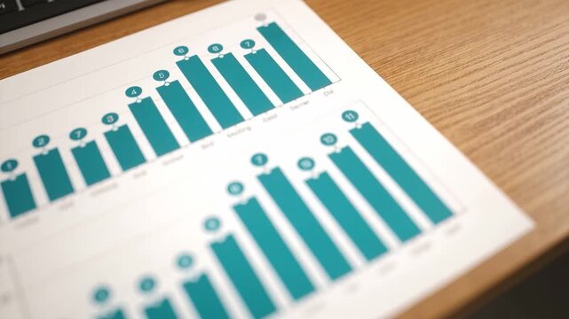 Moving camera capturing paper showing two teal bar charts on desk near laptop, revealing detail