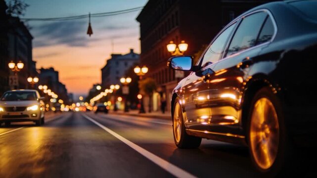 Tracking low black sedan right-rear moving down avenue at dusk, with oncoming lights, copy space